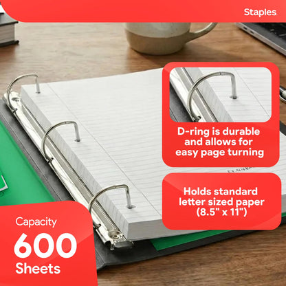 Staples Heavy-Duty 3-Inch D-Ring Binder, Green – Large Capacity 3-Ring Binder with Pockets, Holds Up to 600 Sheets