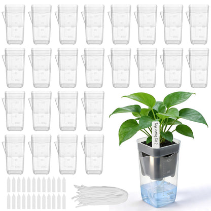 24 Pack 2" Small Self Watering Pots for Indoor Plants Mini Clear Plastic Planters with Water Level and Drainage Holes with Plant Labels and Wick Cord for Succulents, Propagation, and African Violet