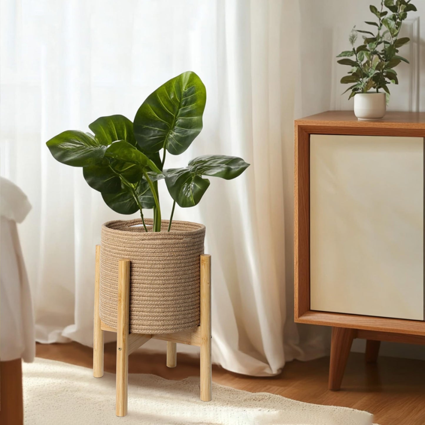 WILLITAT Plant Basket with Stand, Indoor Round Wicker Basket Plant with Bamboo Wood Stand, Decorative Woven Rope Flower Indoor Planter with Legs, Boho Bamboo Wood Planter Holder (Jute)