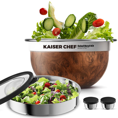 Kaiser chef Salad Bowl Kit 74oz,Salad Container For Lunch,18/8 Stainless Steel,Salad Bowl With Lid, Includes 1.7oz Condiment Container and Removable Tray,Leak-Proof, Easy to Clean (Wood)