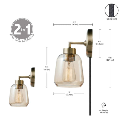 Globe Electric 51715 1-Light Plug-in or Hardwire Wall Sconce, Matte Brass, Smoked Amber Glass Shade, Black Fabric Cord, in-Line On/Off Switch, Bedroom, Living Room, Mounted Bedside Lamp