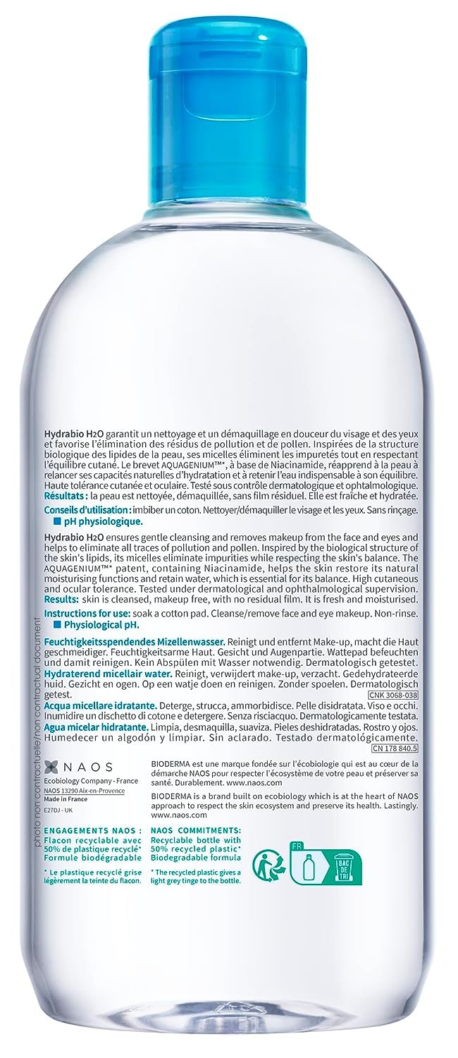 Bioderma Hydrabio H2O Micellar water for dehydrated skin, makeup remover, 500 ml