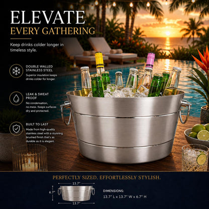 BREKX Stainless Steel Ice Bucket for Parties, Double Wall Insulated Anchored Brushed Drink Tub & Wine Bucket with Double Hinged Handles, Drink Chiller for Parties, 12QT (3 Gallon), 100% Leak Proof