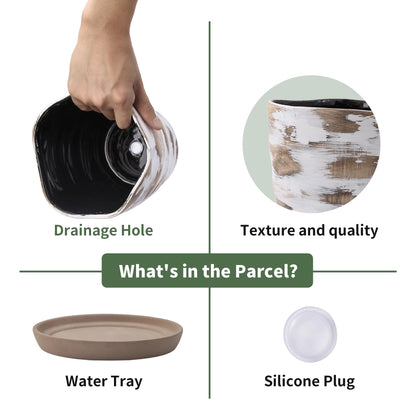 Pkeo Bbun 4+6 Inch Ceramic Planter Set of 2 with Drainage Hole,Saucer for Plants, Indoor-Outdoor Large Round Succulent Orchid Flower Pot- Cement Paint, Inner-pots not Larger Than 5 Inch Light Brown