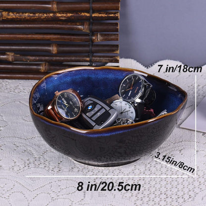 8" Blue Ceramic Decorative Bowl, Entryway Table Decor Pottery Key Bowl, Candy Dish, Salad Bowl, Blue Decor Small Jewelry Trinket Dish for Bedroom, Centerpiece, Bedside Table, Living Room Decorative