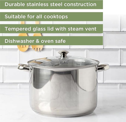 Ecolution Pure Intentions Stock Pot - Features Tempered Glass Lid, Stay-Cool Handles, and Encapsulated Bottom - Oven Safe - Curbside Recyclable Stainless Steel - 12 Quarts