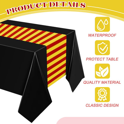 Oudain 3 Pcs Wizard Tablecloth 54 x 108 Inches Plastic Black Table Cover Red Golden Tablecloth Disposable Magical Party Supplies for Halloween Witch Birthday Party Decoration (Black Stripes)