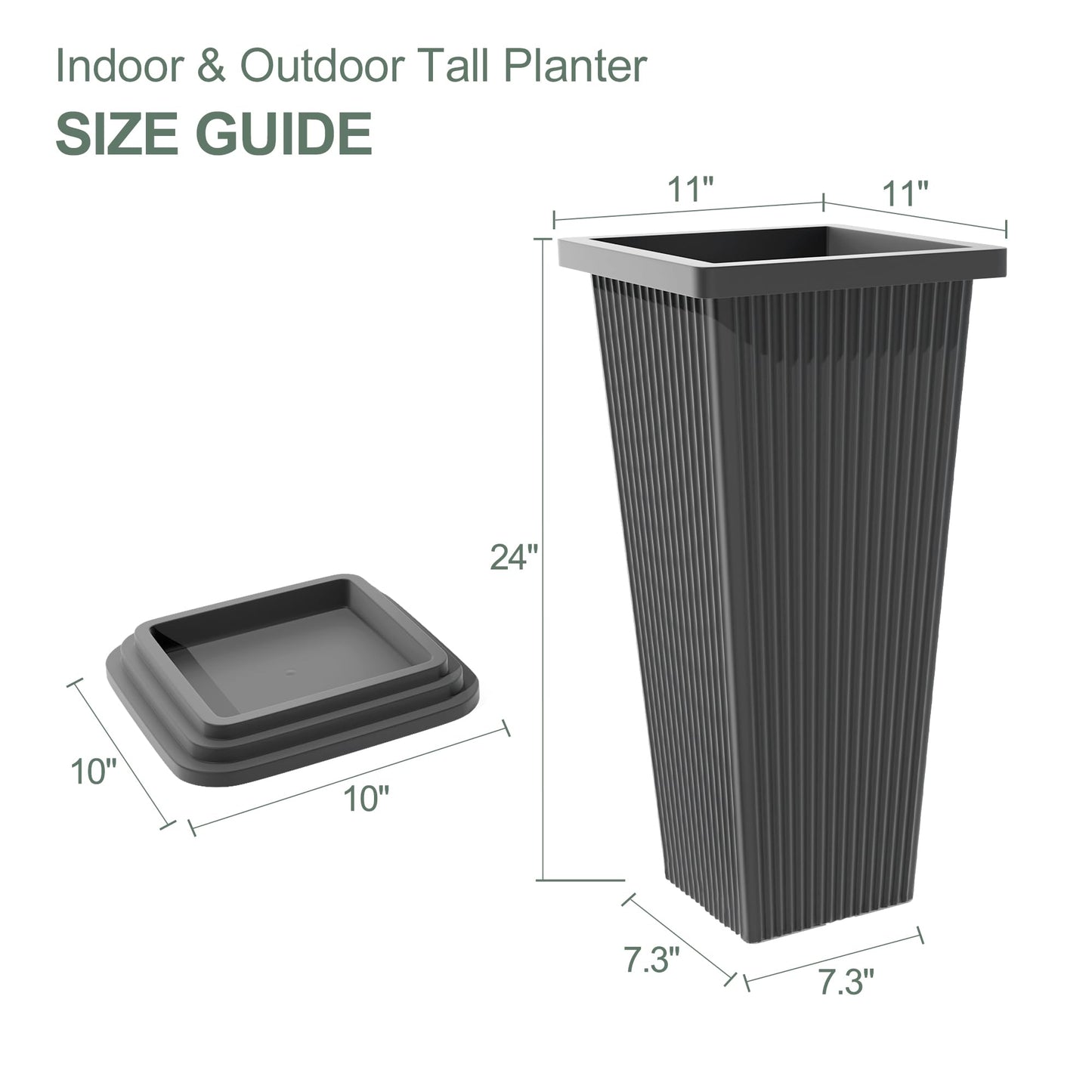 PolarcoForgeco Tall Outdoor Planters Set of 2, Large Flower Pots for Indoor Plants, 24 Inch Large Outdoor Planter for Front Porch, with Drainage Tray (Gray Ribbed)