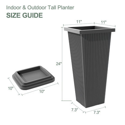 PolarcoForgeco Tall Outdoor Planters Set of 2, Large Flower Pots for Indoor Plants, 24 Inch Large Outdoor Planter for Front Porch, with Drainage Tray (Gray Ribbed)