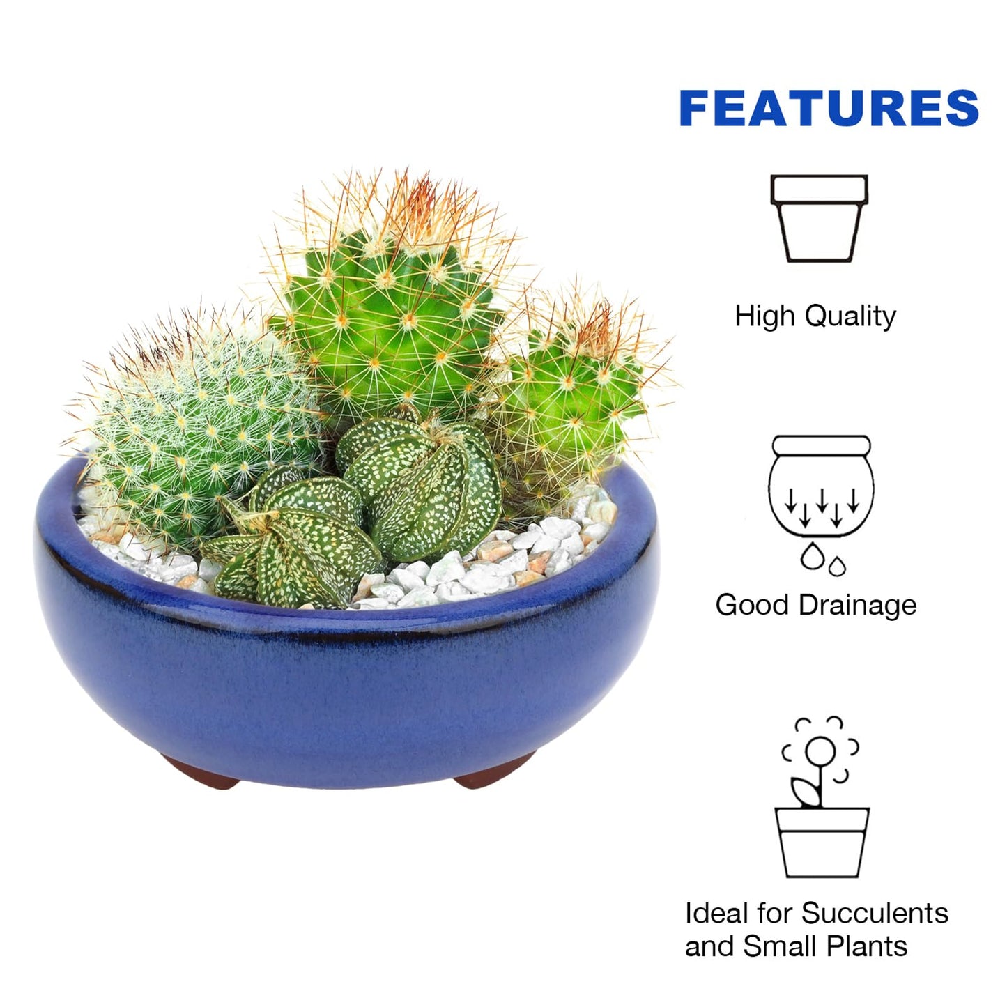 Bonsai Planter Succulent 4" Small Glazed Pots, Value Set of 2 + 4 Soft Mesh Drainage Screens