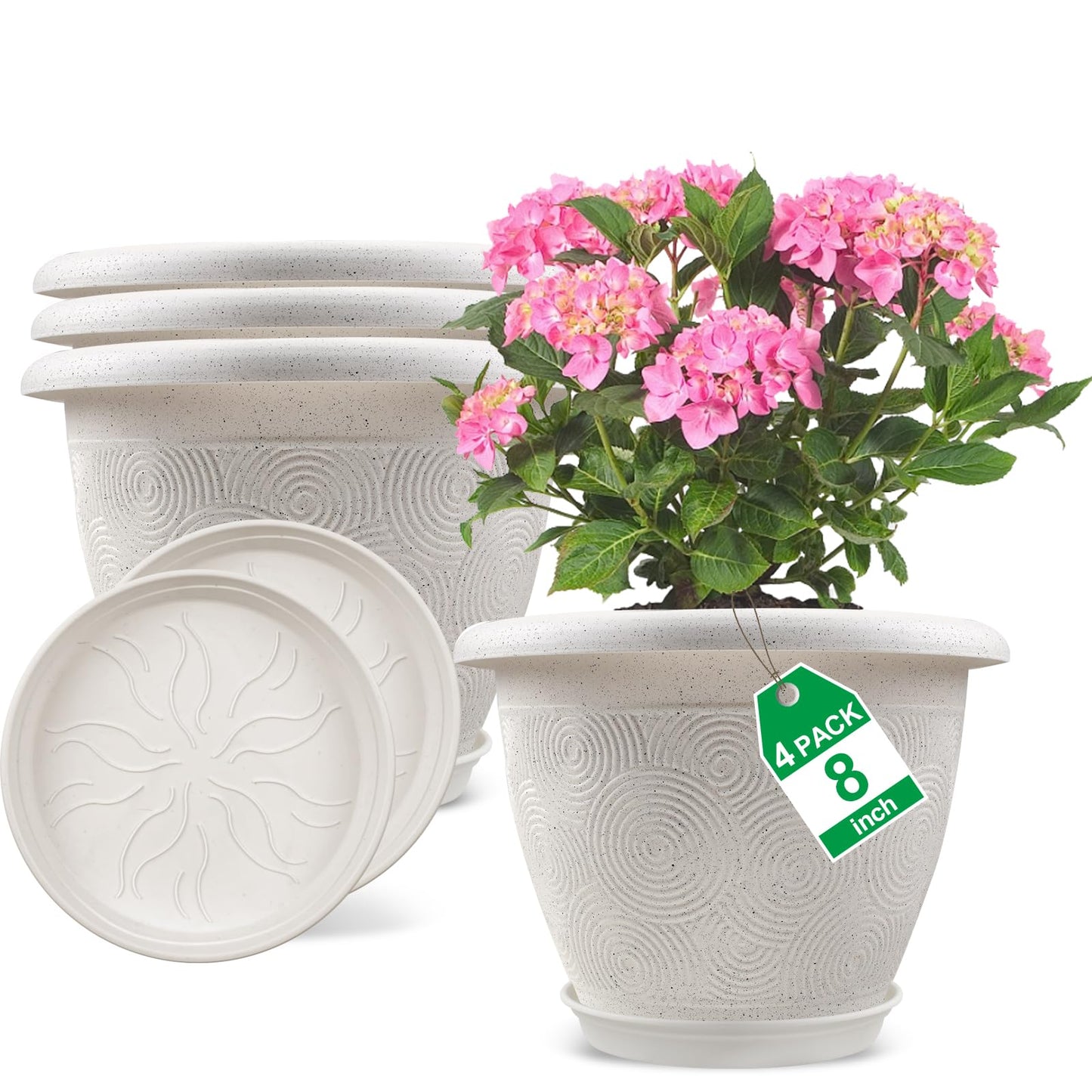 Fodetyff 8 Inch Flower Pots Planters for Indoor Outdoor Plants, 4 Pack Plastic Small Plant Pots with Drainage Hole & Tray, Modern Decorative Garden Pot with Saucer, Plant Container for House