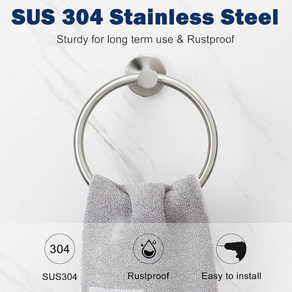 NearMoon Bath Towel Ring, Bathroom Hardware Accessories-Thicken Stainless Steel Hand Towel Holder for Bathroom, Modern Round Towel Hanger Wall Mounted (Brushed Nickel, 3 Pack)