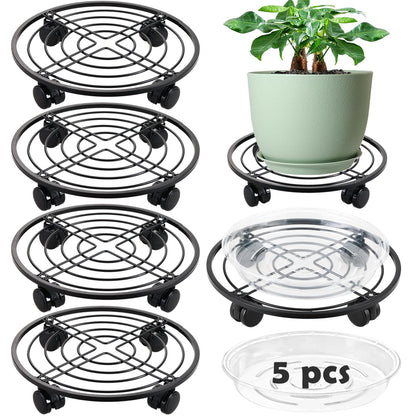 5 Packs 13.5" Metal Plant Caddy with Wheels Large Rolling Plant Stands Indoor Wheeled Plant Dolly Heavy-duty Planter Mover Roller Base Outdoor GardenTrolley Cart Water-proof, Plant Saucers on Wheels