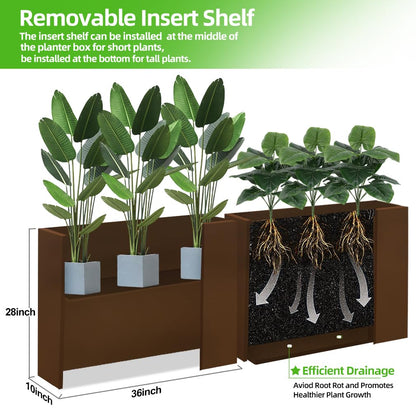 Megawodar Metal Tall Long Planter Box Large Rectangular Planter Flower Pot with Drainage Holes for Indoor Outdoor Deck Porch Garden Home Patio Front Door (Espresso, 36" L x 10" W x 28" H)