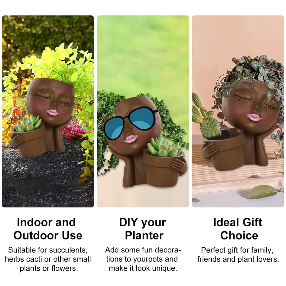 IUYYPU Face Planter for Succulents, Resin Lady Head Pot with 2 Planting Pockets and Drainage Holes, Approx. 6.3 x 4.3 x 6.7 in, Openings 3.2 in & 2.4 in, Brown