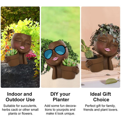 IUYYPU Face Planter for Succulents, Resin Lady Head Pot with 2 Planting Pockets and Drainage Holes, Approx. 6.3 x 4.3 x 6.7 in, Openings 3.2 in & 2.4 in, Brown
