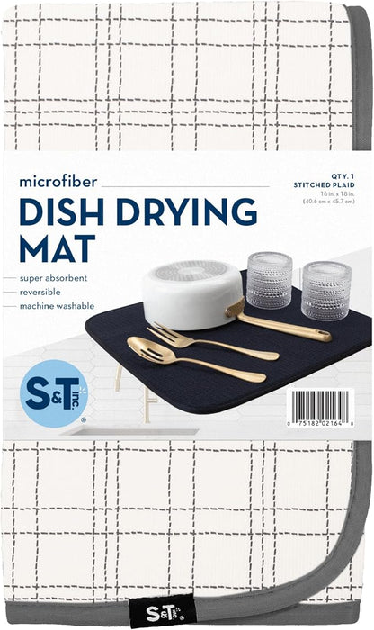 S&T INC. Dish Drying Mat, 16” x 18”, Absorbent Microfiber Kitchen Counter Mat, Dish Drying Pad for Dishes, Utensils, Pots and Pans, Large, Stitched Plaid