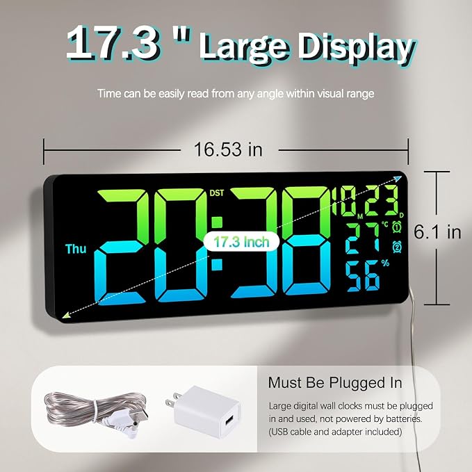 JoFomp 17.3" Large Digital Wall Clock, LED Digital Clock Large Display with Remote Control, Alarm Clock with Temp/DST/Dimmer/Humidity/Timer/Ambient Light - 12/24H, Alarm Wall Clock for Bedroom