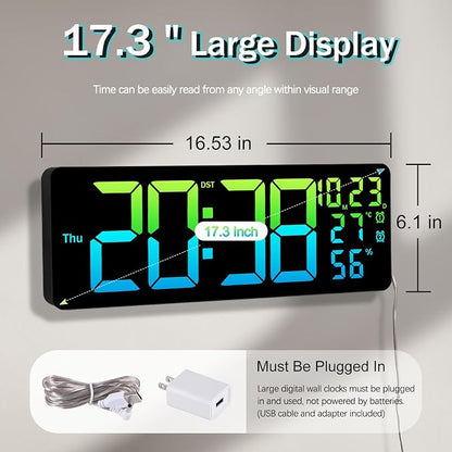 JoFomp 17.3" Large Digital Wall Clock, LED Digital Clock Large Display with Remote Control, Alarm Clock with Temp/DST/Dimmer/Humidity/Timer/Ambient Light - 12/24H, Alarm Wall Clock for Bedroom