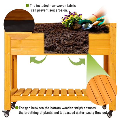FORTUNO Raised Garden Bed with Wheels 48"x24"x33" Large Wood Planter Box with Legs Outdoor Mobile Wooden Elevated Raised Beds for Vegetable Flower, Standing Gardening Box with Liner for Patio, Deck