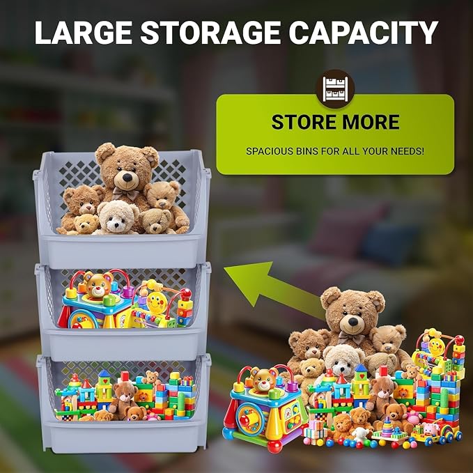 XLarge Stackable Storage Bins Open Front for Pantry, 6 Pack - Light Grey | Sturdy Plastic, Easy Stacking, Open Front Access, Ventilated Sides, Vertical & Space Saving Pantry Organizers and Storage Bin
