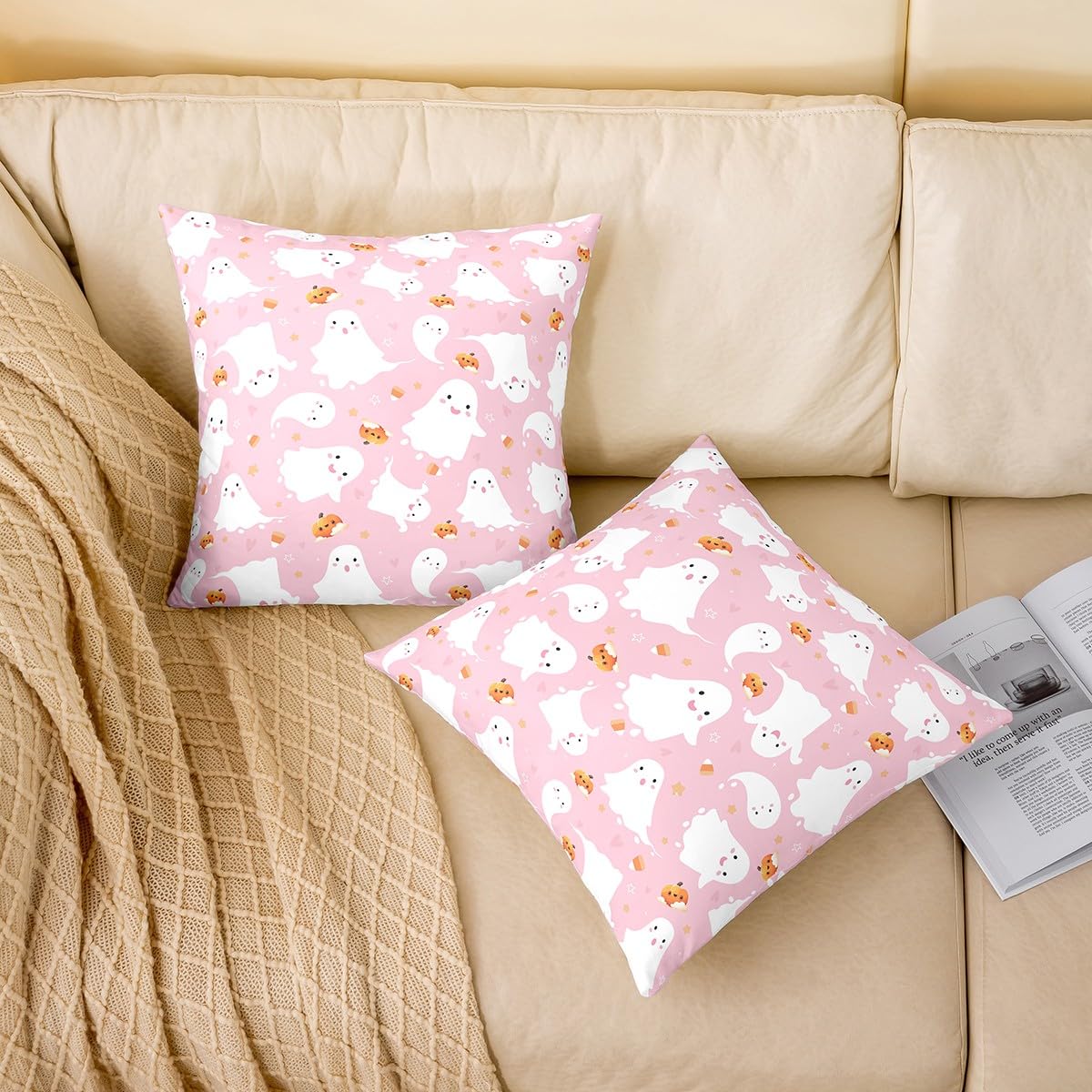 Feelyou Kids Pink Ghost Throw Pillow Covers 20"x20" Set of 4 Soft Kawaii Halloween Pillow Cases Cushion Covers Cute Trick or Treat Decorative Throw Pillowcases Women Men Cushion Cases