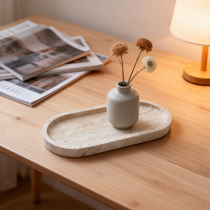 GEOONA Oval Travertine Tray 4.8 in x 9.8 in for Bathroom Dresser Countertop Organizer, Natural Marble Vanity Tray for Perfume, Candles, Ring, Decorative Jewelry Dish