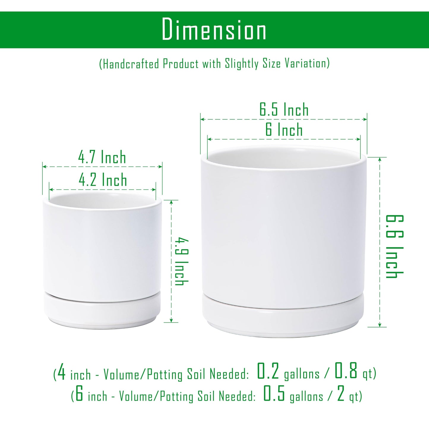 D'vine Dev 4.7 Inch & 6.5 Inch Ceramic Planter Pots for Plants with Drainage Hole and Saucer, Small Plant Pots Set, White, 94-G-S-1