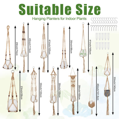 HANLANXUE 12 Pcs Macrame Plant Hangers, Handmade Hanging Planters for Indoor Plants Boho Hanging Baskets Flower Pots Holder with S Hooks and Ceiling Hooks for Outdoor Wall Home Decor