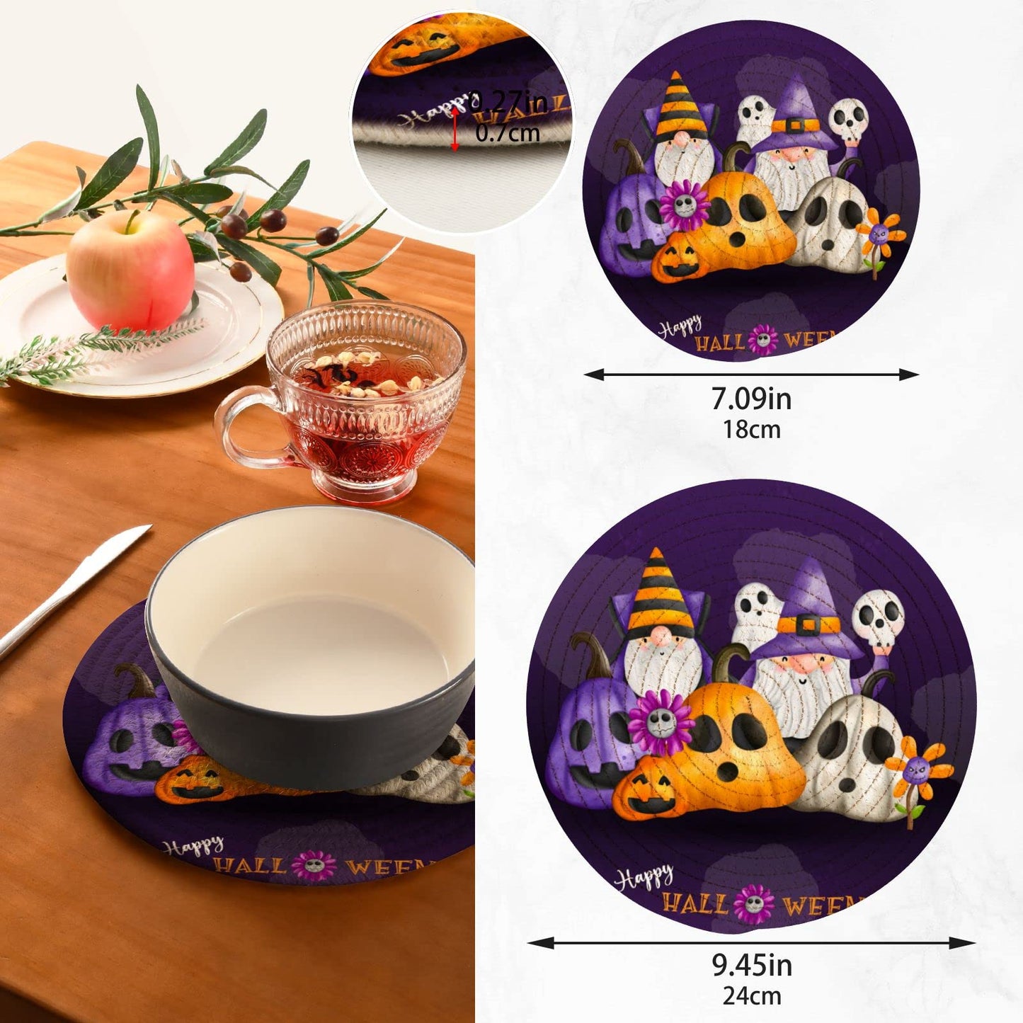 Moudou Halloween Gnome Trivet Pot Holder Set of 2, Heat Resistant Round Potholders Coasters Pad for Kitchen, Hot Pot and Pan