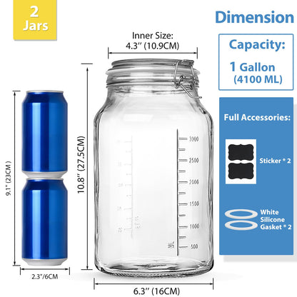 1 Gallon Super Wide Mouth Glass Storage Jars with Airtight Lids and 2 Measurement Marks, Leak Proof Glass Container with Hinged Lids, Large Pickle Jars with Labels and Silicone Gasket, 2 Pack