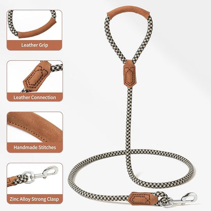 Mile High Life | Premium Leather Handle Dog Leash | Strong Rope Leash | Zinc Alloy Strong Clasp | Small Medium Large Dogs | 4/5/6 Feet(Black Khaki, 72 Inch (Pack of 1))