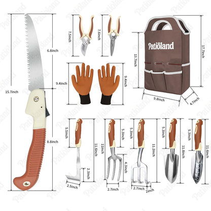 10-Piece Garden Tool Set, Brown Gardening Hand Tools Kit with Ergonomic Non-Slip Handles, Heavy Duty Rust-Proof Aluminum Tools, Organizer Tote Bag & Gloves, Ideal Gardening Gifts for Women and Men