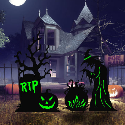 3 Pack Halloween Yard Signs Outdoor Decorations - Glow in the Dark Scary Witch Tombstone Cauldron Metal Stakes, Waterproof Fluorescent Lawn Garden Halloween Decor for Graveyard Party (Witch Tombstone Cauldron, 3 Pack)