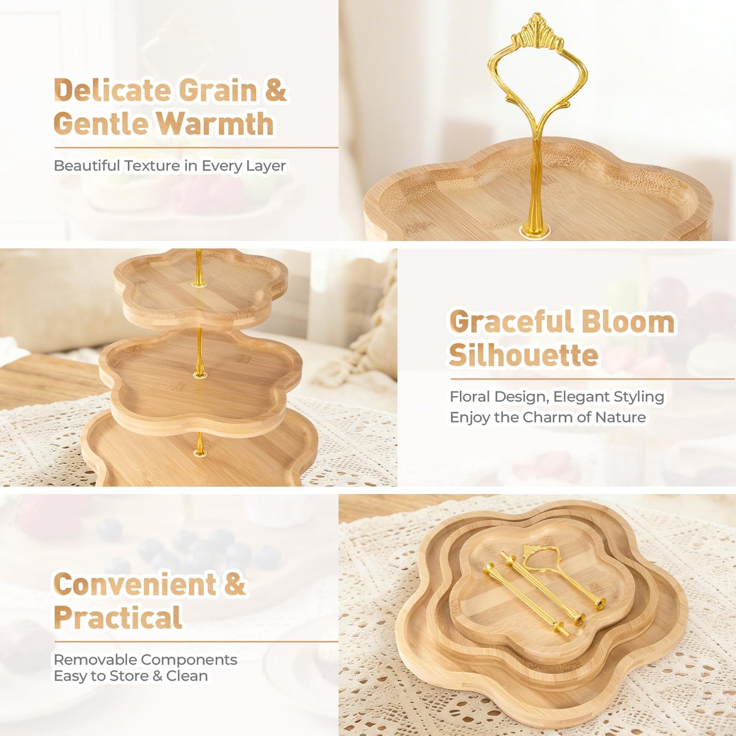 DUJUST Elegant 3-Tier Wooden Cupcake Stand with Flower-Shaped Design, Rustic Bamboo Tiered Serving Tray for Cupcake, Desserts, Tea Party, Wedding, Farmhouse & Kitchen Decor, Easy to Install & Clean
