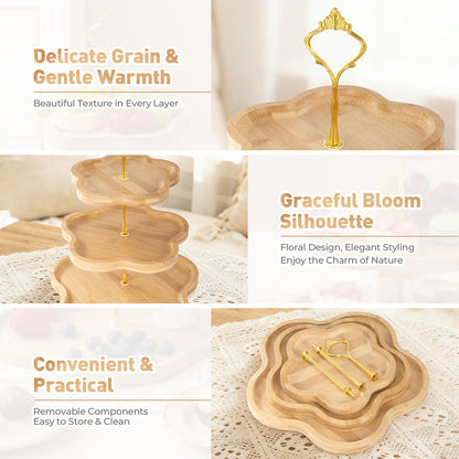 DUJUST Elegant 3-Tier Wooden Cupcake Stand with Flower-Shaped Design, Rustic Bamboo Tiered Serving Tray for Cupcake, Desserts, Tea Party, Wedding, Farmhouse & Kitchen Decor, Easy to Install & Clean