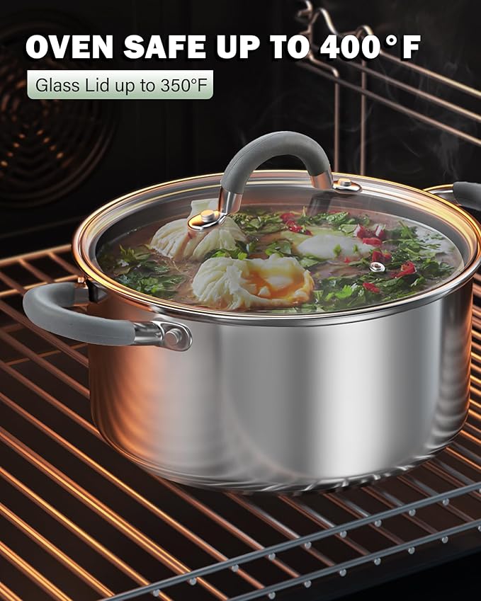 Cook N Home Basics 8 Quart Stainless Steel Stock Pot with Lid, Cooking Pot for Pasta, Soup, Stay-Cool Silicone Handle, Stockpot with Even Heating, Oven Safe, Cookware for Canning, Boiling, Simmer
