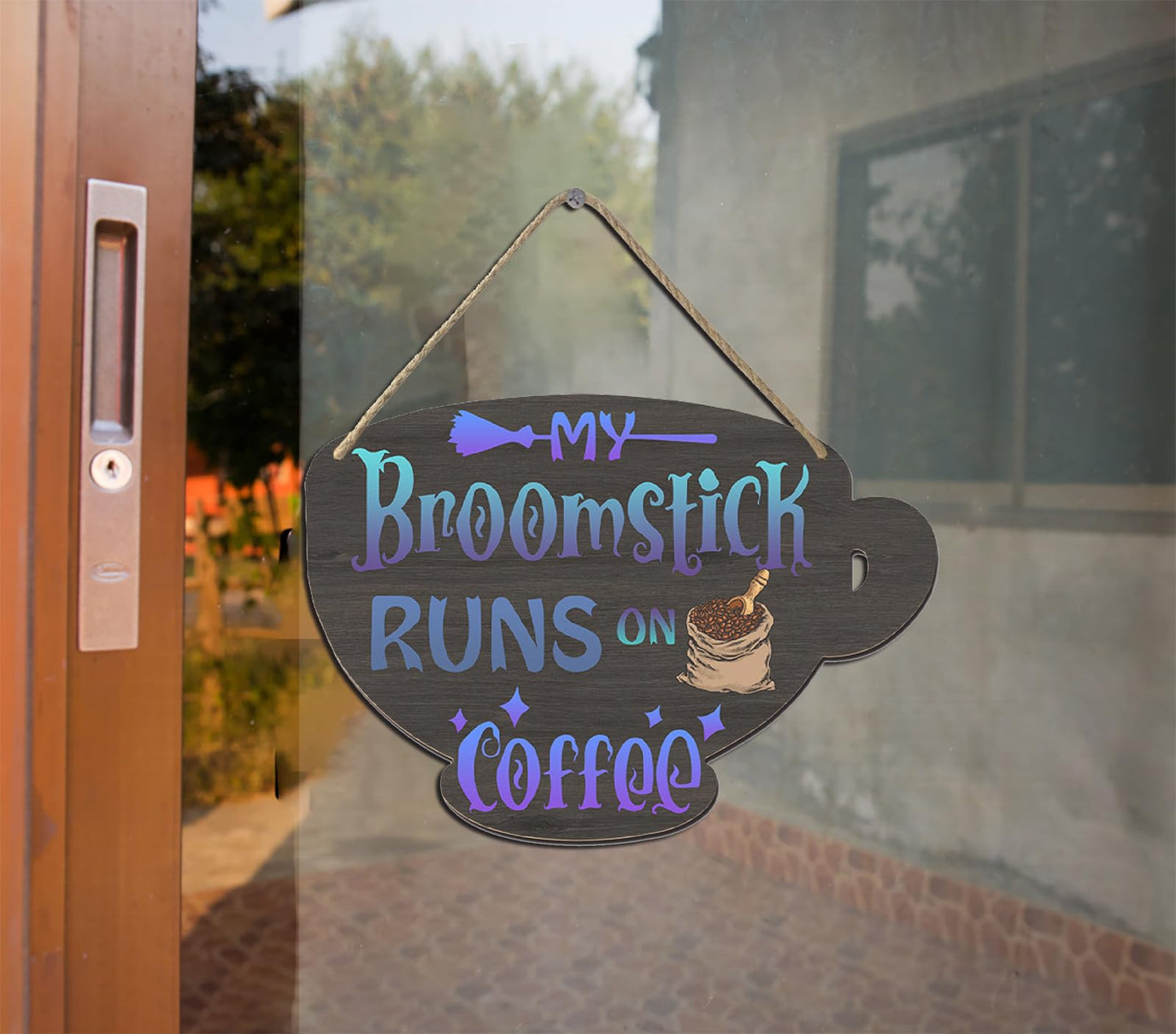 Halloween Witches Coffee Wood Sign My Broomstick Runs on Coffee Wood Plaque Rustic Hanging Sign for Home Coffee Bar Coffee Station Coffee Bar Table Coffee Bar Tiered Tray Wood Signs 4.8x6.78 Inch
