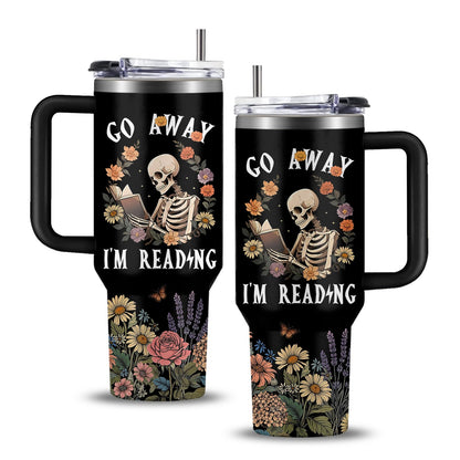 WWHSAI Skull Floral Tumbler 40oz with Lid & Straw - Go Away I'm Reading Skeleton Reading Gifts, Halloween Christmas Ghostface Decoration Horror Gifts Idea for Men Women Gothic Skulls