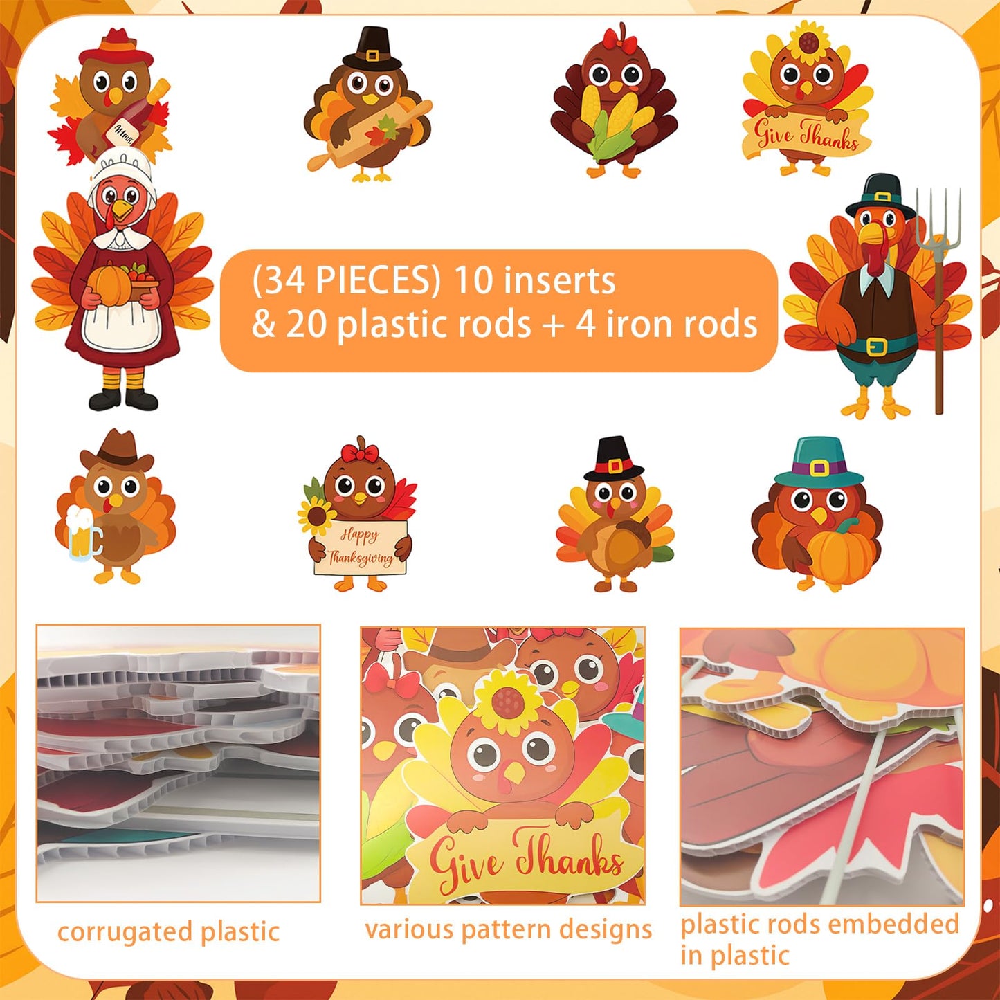 10PCS 20x12Inch Thanksgiving Yard Signs with Stakes Outdoor Turkey Decorations Waterproof Thanksgiving Lawn Decor for Garden Porch Farmhouse Party