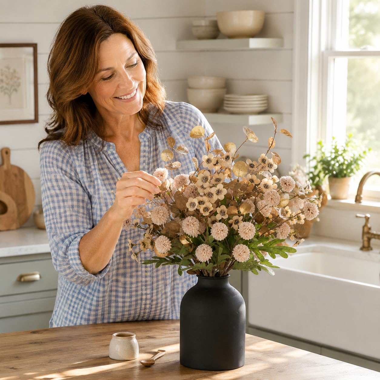 BLOSMON Beige Faux Flowers in Vase: Metal Vase with 12 Stems of Fake Mums Wax Eucalyptuses for Dining Table Centerpiece Decor - Artificial Silk Kiku Pom Poms Wild Farmhouse Floral Arrangements