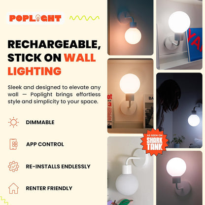 Poplight Wireless Wall Sconce (Shark Tank) Rechargeable & Dimmable LED Light w/App Control & Damage-Free Install, Moveable Modern Ambient Lighting for Elegant Home & Bedroom Decor | Popwhite