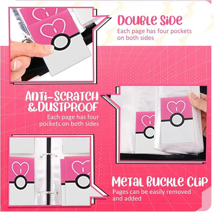 Card Binder 4 Pocket, Trading Card Holder Fits 400 Cards With 50 Removable Sleeves, Portable Collection Card Ablum, Game Card Case book With Zipper for Gift Pink