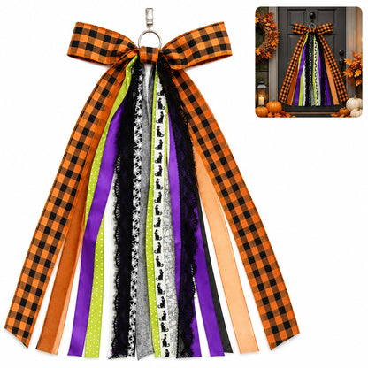 Halloween Wreath Sash Front Door Ribbon Bow Large Orange Black Buffalo Plaid Purple Spider Web Cat Streamer Fall Porch Decoration