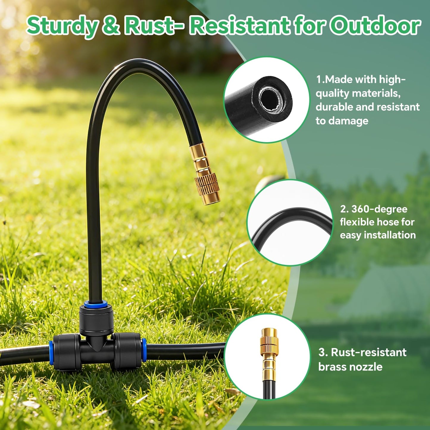 120Ft 1/4" Drip Irrigation System for Garden – 26 Adjustable Copper Nozzles, Automatic Atomizing Sprinkler System for Outdoor Plants Raised Bed, Yard, Potted Plants & Lawn