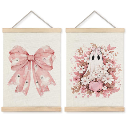 Exqcom Coquette Pink Bow Floral Halloween Ghost Wall Decor Set of 2, Preppy Pink Fall Pumpkin Floral Wall Art Poster, Halloween Ghost Posters for Girly Room Bedroom Dorm Apartment Home, 12x16 Inches