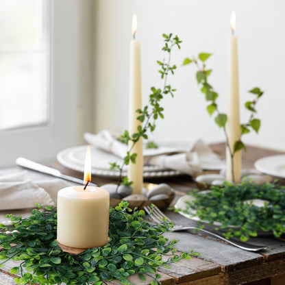 Mini Green Boxwood Candle Rings Wreaths Spring Summer Kitchen Cabinet Swags Wreath 3 Inch Wedding Rings Wreaths Pillar Candle Holder for Wedding Home Door Tabletop Decor