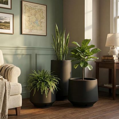 Floridis Berlin Set of 3 Planters, Indoor Outdoor Plant Pots with Drainage Hole and Saucer, Modern Plastic Planters for Patio, Porch, Entryway and Living Room (Black)