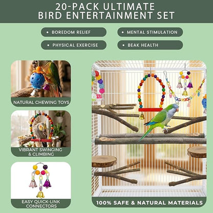 20 Pack Bird Toys for Cockatiels, Parakeet Toys for Cage, Natural Wood Parakeet Perches, Hanging Budgie Toys Swings and Parakeet perches, Essential Avian Playthings for Inside Cage