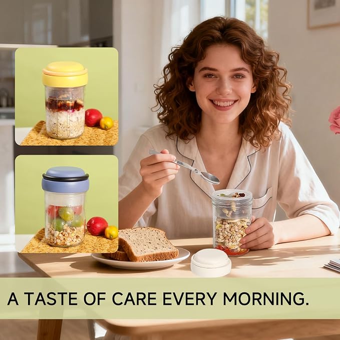 Overnight Oats Containers with Handles & Lids – 16oz Glass Mason Jars with Spoons & Fruit Compartments, Meal Prep Breakfast Jars, 2 Sets (Cream, Green)